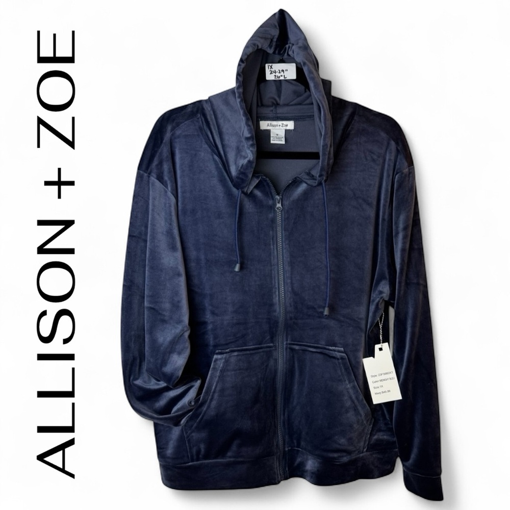 ALLISON + ZOE Blue Velour Full Zip Track Jacket Size 1X Hoodie Velvet Navy NEW